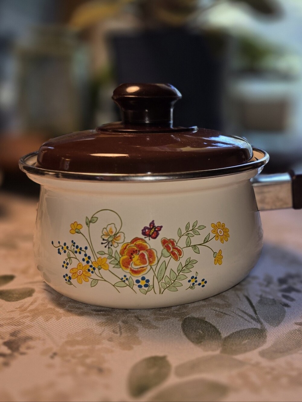 Vintage Small Cream Enamel Saucepan with Brown Lid and Colorful Floral Design